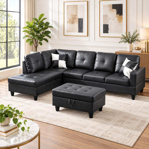 Black faux leather piece - black, 3-piece